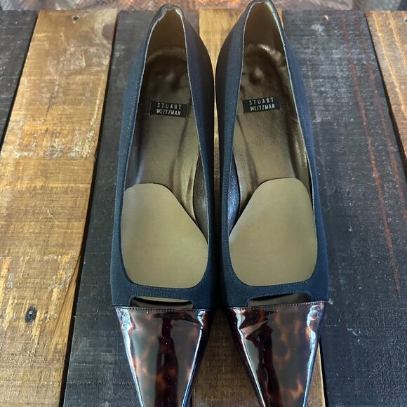 Stuart Weitzman Black Fabric Tortoise Toe Sculpted Heel Pumps Size 8.5 B - Picture 2 of 6